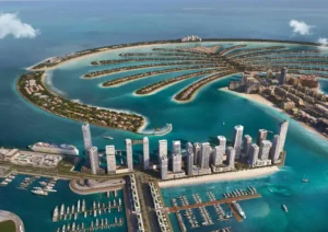 Grand Bleu Tower at Emaar Beachfront by Emaar aerial view of Palm Jumeirah marina skyline and turquoise waters in Dubai - Presented by Tohid Fetrat