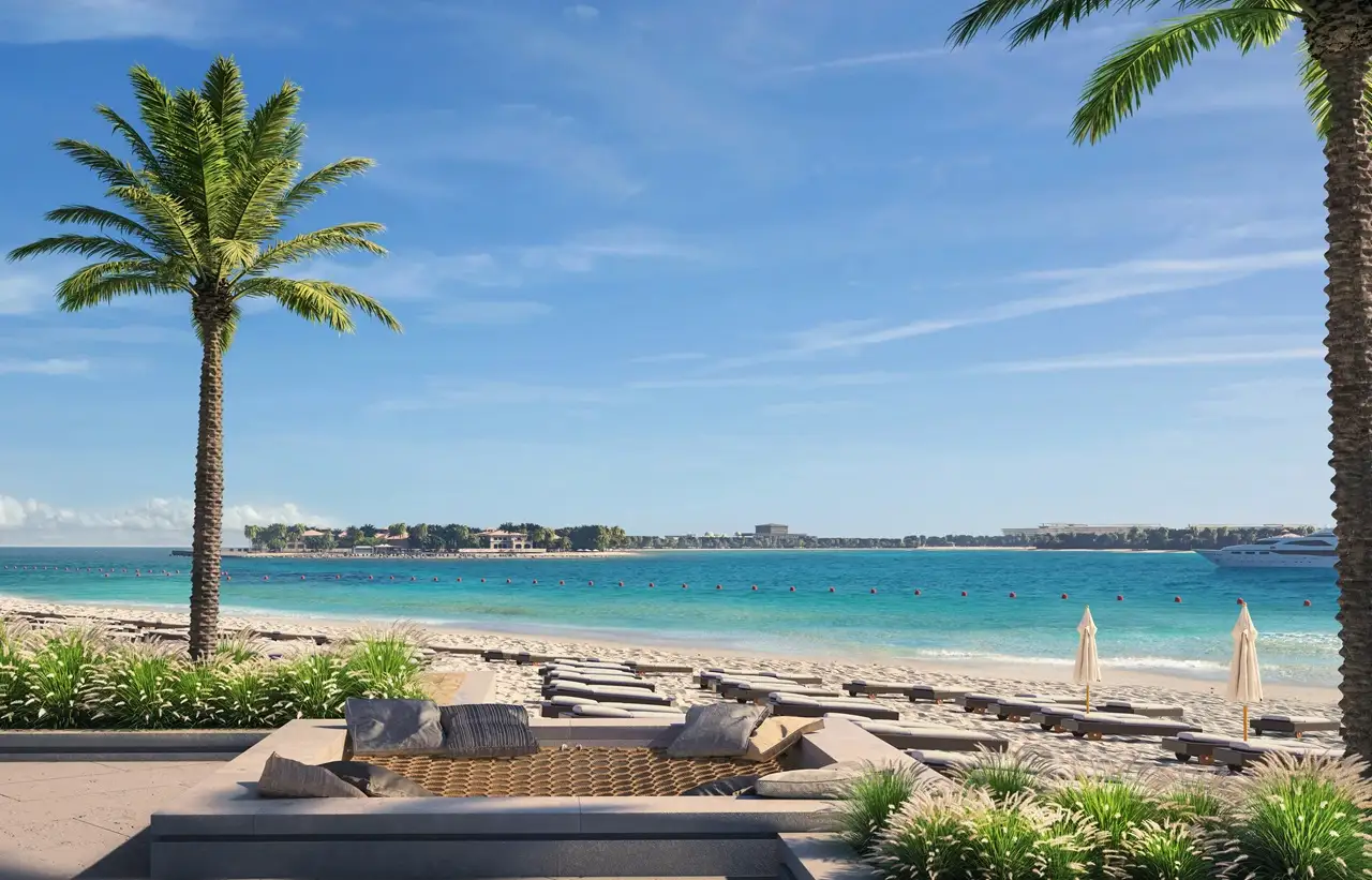 Grand Bleu Tower at Emaar Beachfront by Emaar private beach with sun loungers palm trees and clear sea view in Dubai - Presented by Tohid Fetrat