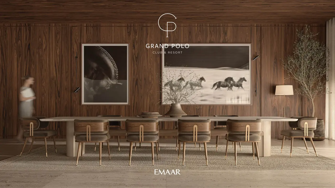 Grand Polo Club & Resort by Emaar luxury dining room with wood panel walls and elegant seating in Dubai - Presented by Tohid Fetrat