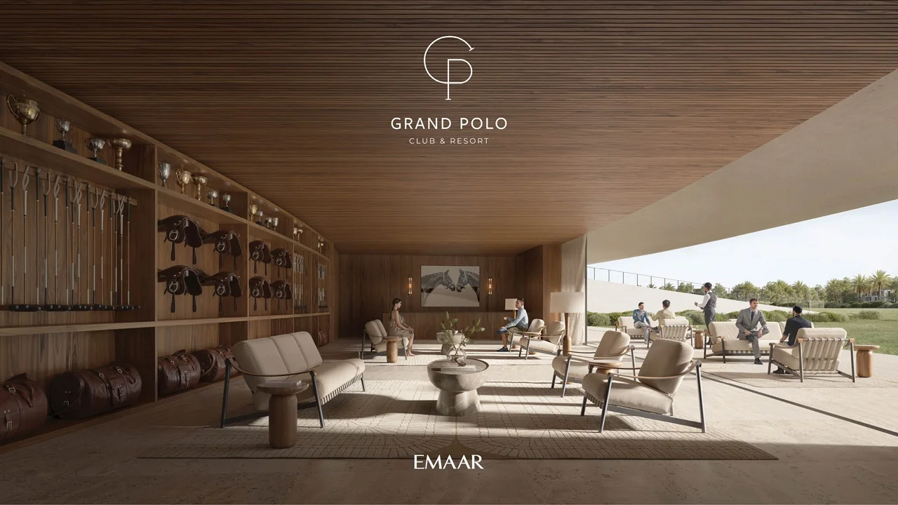 Grand Polo Club & Resort by Emaar equestrian lounge with saddle displays and elegant seating in Dubai - Presented by Tohid Fetrat