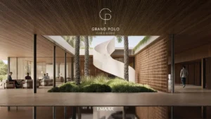 Grand Polo Club & Resort by Emaar luxury courtyard lobby with spiral staircase and palm trees in Dubai - Presented by Tohid Fetrat