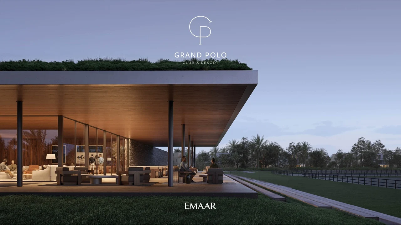 Grand Polo Club & Resort by Emaar pavilion with outdoor lounge seating overlooking landscaped greenery in Dubai - Presented by Tohid Fetrat