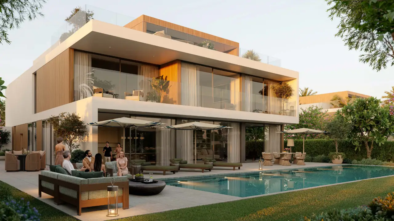 Modern luxury villa with private pool and landscaped outdoor lounge for Grand Polo Villas for Sale in Dubai. Presented by Tohid Fetrat