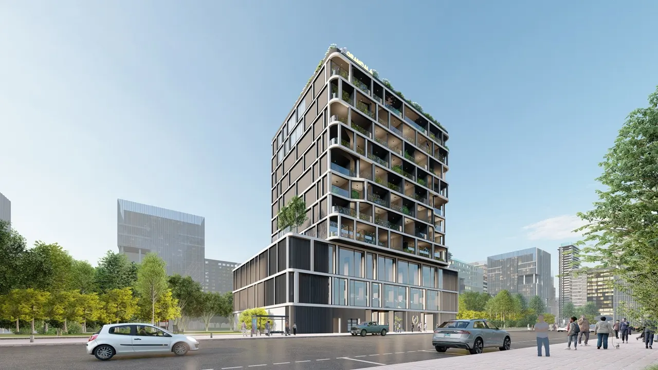 Grandala Construction Update June 2025 featuring modern mid rise building with structured facade greenery and active street scene in Dubai Presented by Tohid Fetrat