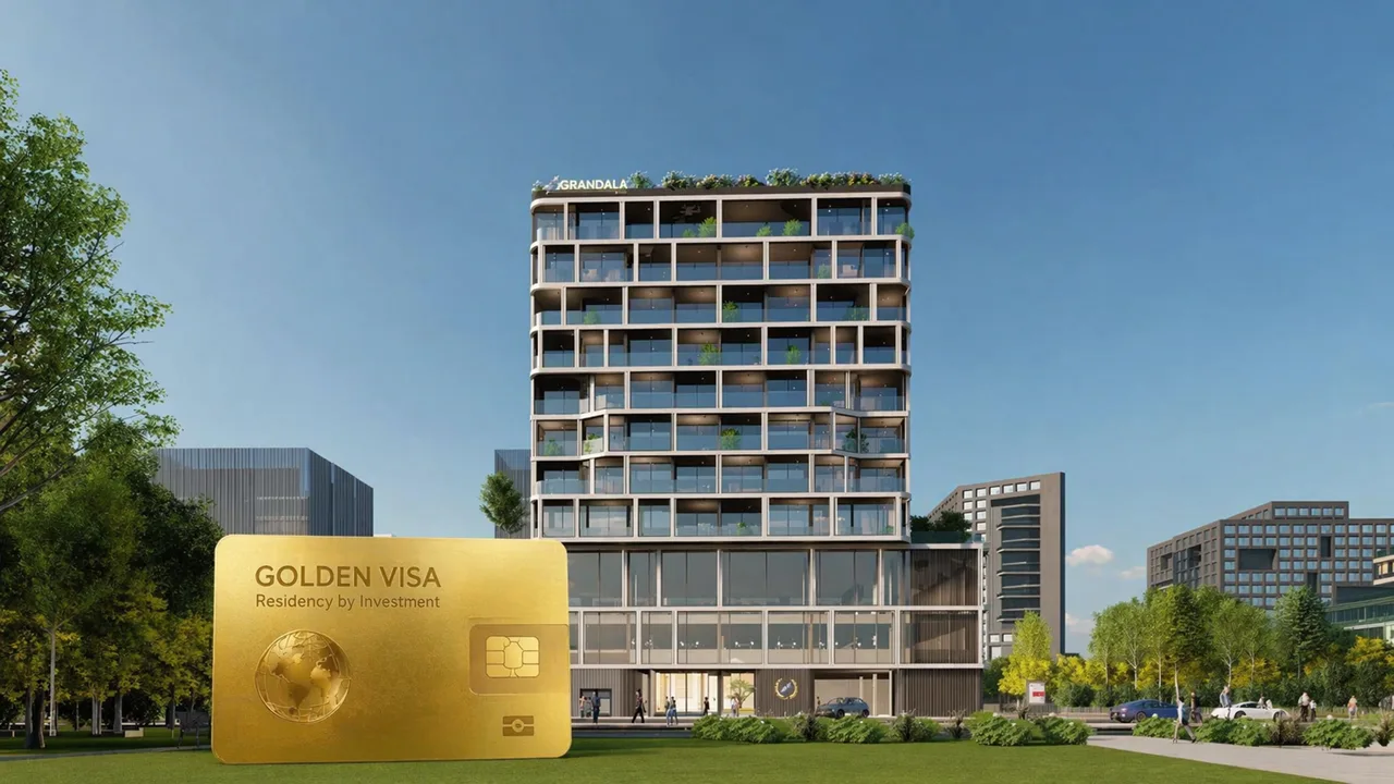 Grandala Dubai Golden Visa investment with modern mid rise building and golden visa card in foreground Presented by Tohid Fetrat