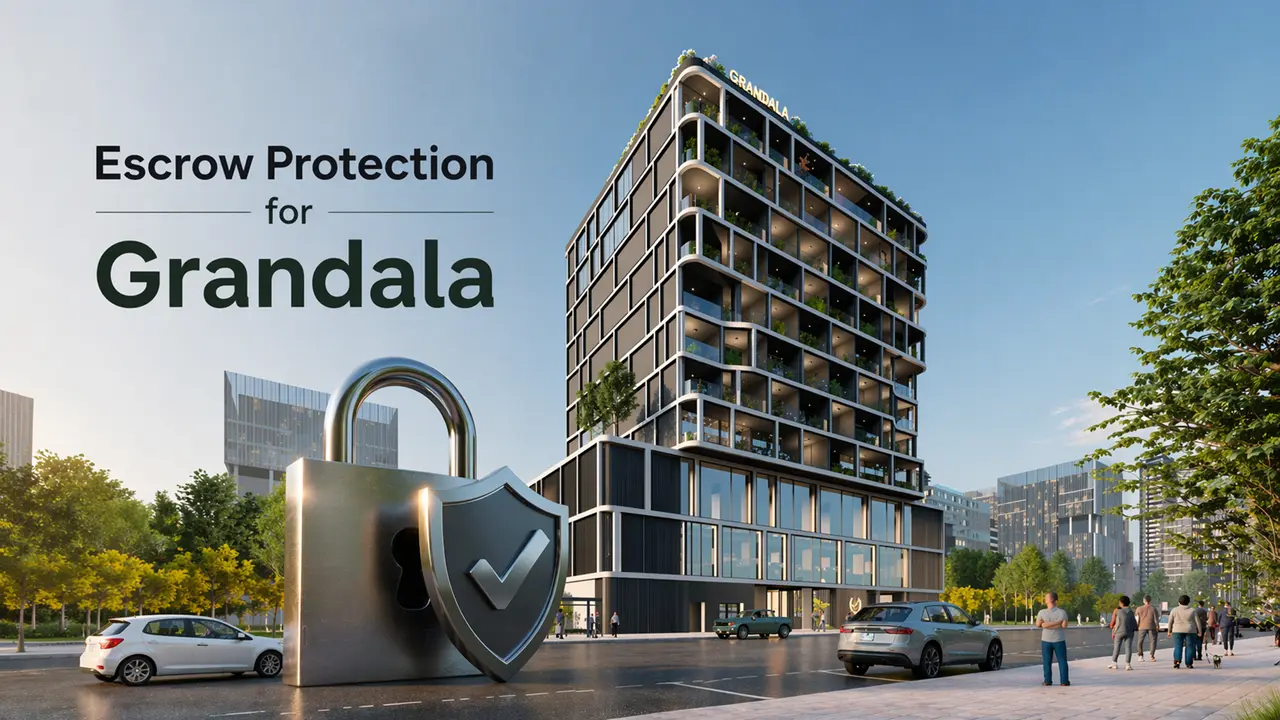 Grandala Escrow Accounts Dubai with modern building exterior and security lock shield symbol for protected property investment Presented by Tohid Fetrat