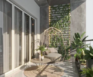 Grandala at Jumeirah Garden City by Palladium Developments balcony with hanging chair vertical garden wall and outdoor seating in Dubai - Presented by Tohid Fetrat