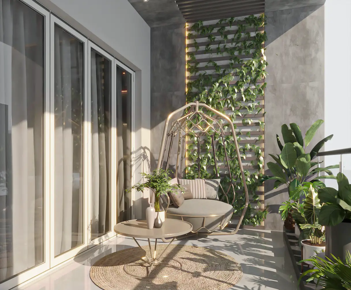Grandala at Jumeirah Garden City by Palladium Developments balcony with hanging chair vertical garden wall and outdoor seating in Dubai - Presented by Tohid Fetrat