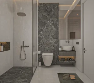 Grandala at Jumeirah Garden City by Palladium Developments modern bathroom with marble wall walk in shower and floating vanity in Dubai - Presented by Tohid Fetrat