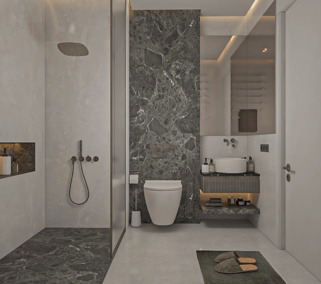 Grandala at Jumeirah Garden City by Palladium Developments modern bathroom with marble wall walk in shower and floating vanity in Dubai - Presented by Tohid Fetrat