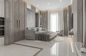 Grandala at Jumeirah Garden City by Palladium Developments modern bedroom interior with soft lighting built in wardrobe and elegant finishes in Dubai - Presented by Tohid Fetrat