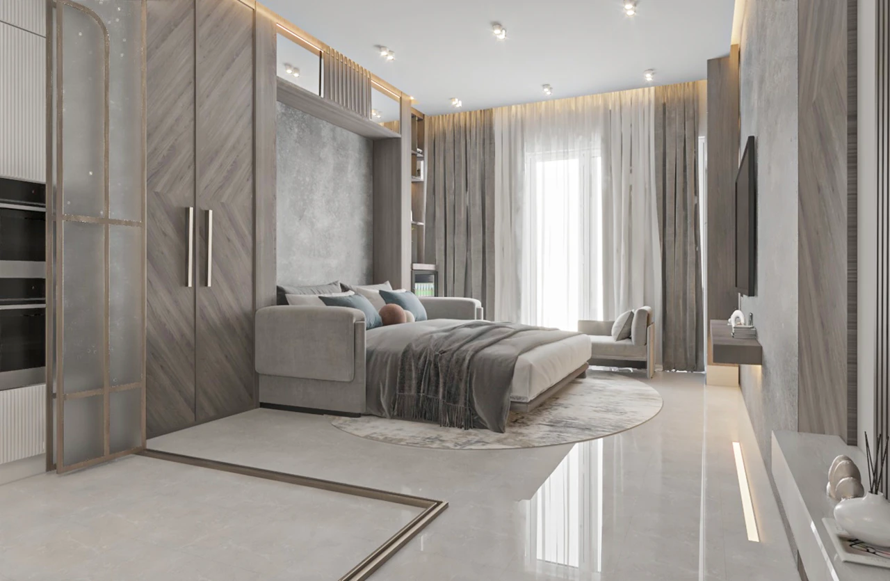 Grandala at Jumeirah Garden City by Palladium Developments modern bedroom interior with soft lighting built in wardrobe and elegant finishes in Dubai - Presented by Tohid Fetrat