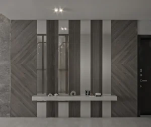 Grandala at Jumeirah Garden City by Palladium Developments modern entryway with decorative wall panels console table and minimalist styling in Dubai - Presented by Tohid Fetrat