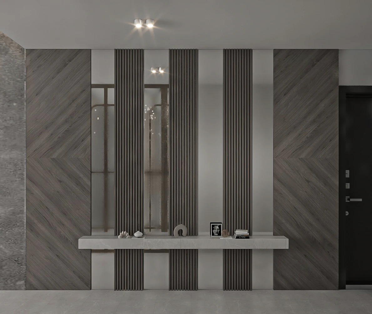 Grandala at Jumeirah Garden City by Palladium Developments modern entryway with decorative wall panels console table and minimalist styling in Dubai - Presented by Tohid Fetrat