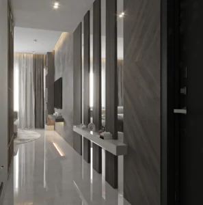 Grandala at Jumeirah Garden City by Palladium Developments modern hallway interior with decorative partition console table and ambient lighting in Dubai - Presented by Tohid Fetrat