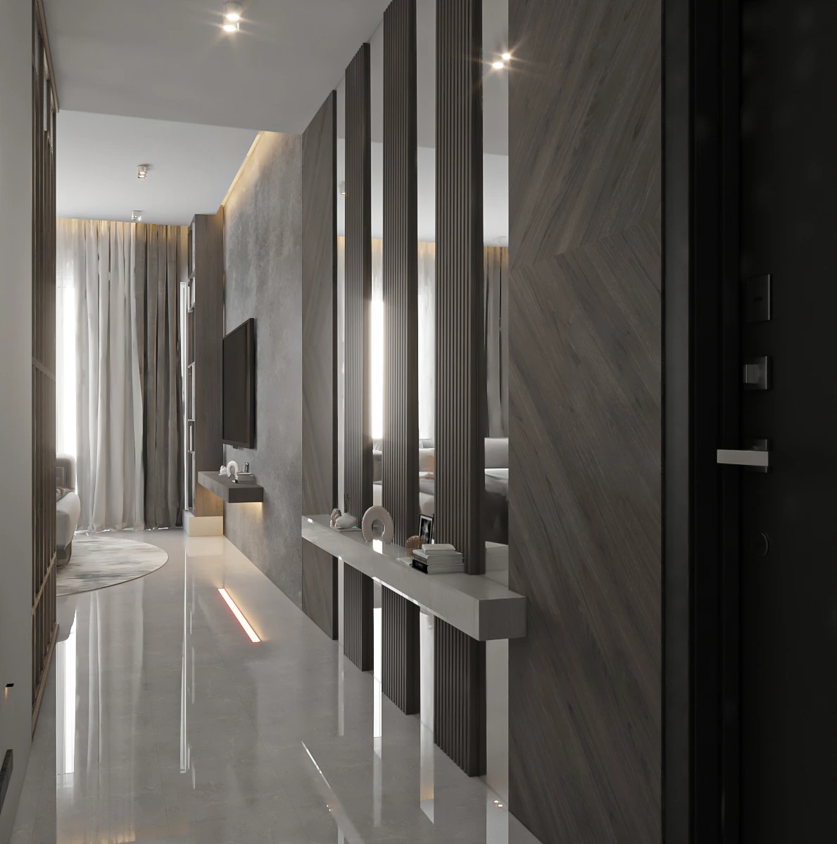 Grandala at Jumeirah Garden City by Palladium Developments modern hallway interior with decorative partition console table and ambient lighting in Dubai - Presented by Tohid Fetrat