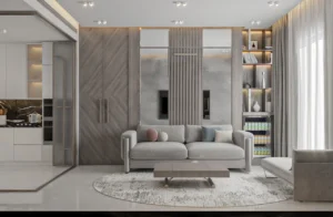 Grandala at Jumeirah Garden City by Palladium Developments modern living room interior with sofa built in shelving and warm lighting in Dubai - Presented by Tohid Fetrat