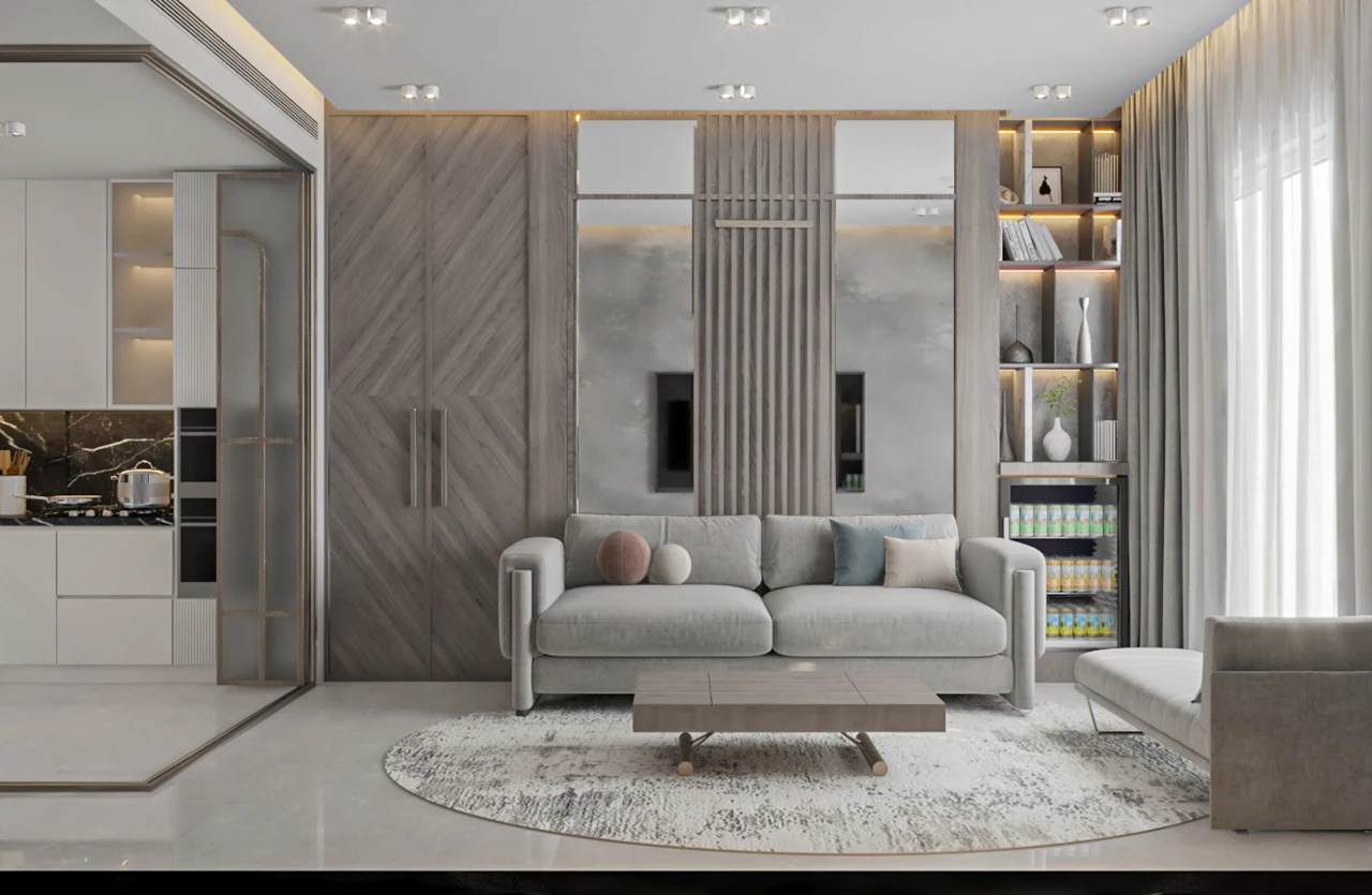 Grandala at Jumeirah Garden City by Palladium Developments modern living room interior with sofa built in shelving and warm lighting in Dubai - Presented by Tohid Fetrat