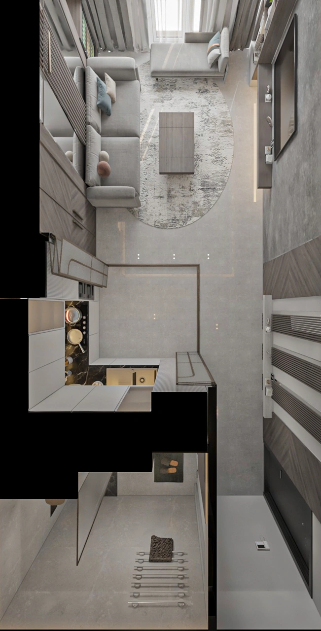 Grandala at Jumeirah Garden City by Palladium Developments open plan living room and kitchen layout top view with modern furniture and soft neutral tones in Dubai - Presented by Tohid Fetrat