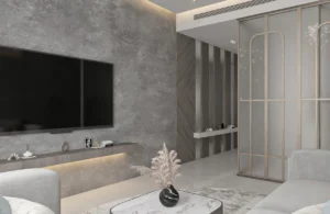 Grandala at Jumeirah Garden City by Palladium Developments modern living room with tv wall decorative partition and open layout in Dubai - Presented by Tohid Fetrat