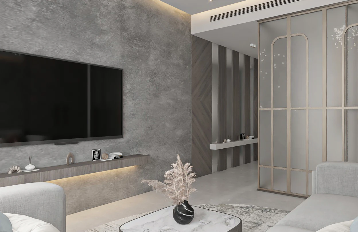 Grandala at Jumeirah Garden City by Palladium Developments modern living room with tv wall decorative partition and open layout in Dubai - Presented by Tohid Fetrat