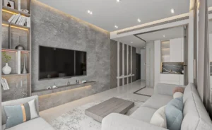 Grandala at Jumeirah Garden City by Palladium Developments modern living room with tv feature wall built in shelving and open plan layout in Dubai - Presented by Tohid Fetrat