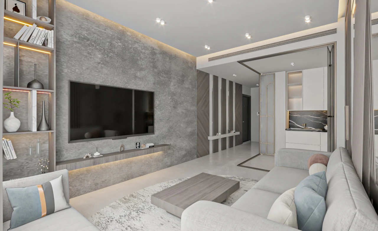 Grandala at Jumeirah Garden City by Palladium Developments modern living room with tv feature wall built in shelving and open plan layout in Dubai - Presented by Tohid Fetrat