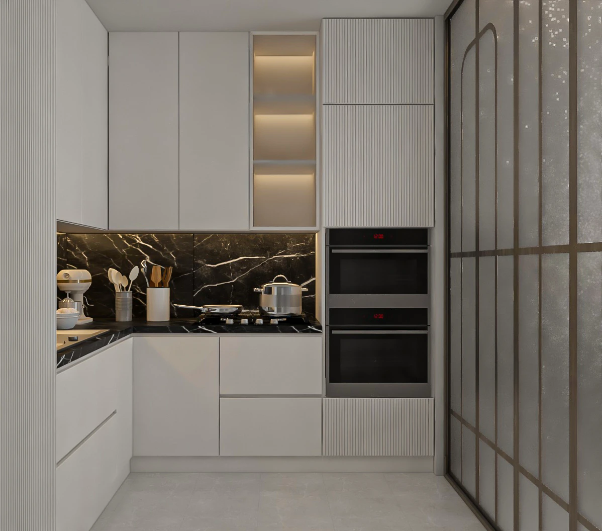 Grandala at Jumeirah Garden City by Palladium Developments modern kitchen interior with built in appliances marble backsplash and minimalist cabinetry in Dubai - Presented by Tohid Fetrat