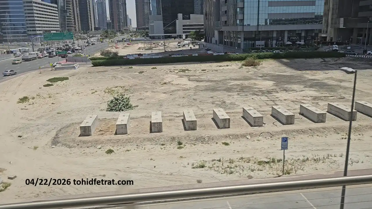 Lumena Alta construction update April 2026 showing aligned foundation blocks and site preparation in Business Bay Dubai captured by Tohid Fetrat