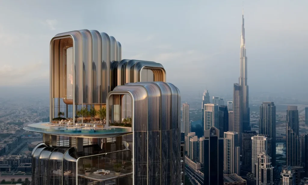 Lumena Alta construction updates in Dubai showcasing high rise architectural development rooftop pool design and skyline views with Burj Khalifa Presented by Tohid Fetrat
