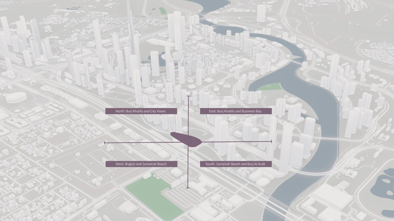 Directional view map from LUMENA by Omniyat showing north Burj Khalifa city views east Business Bay west Jumeirah Beach and south Burj Al Arab orientation - Presented by Tohid Fetrat
