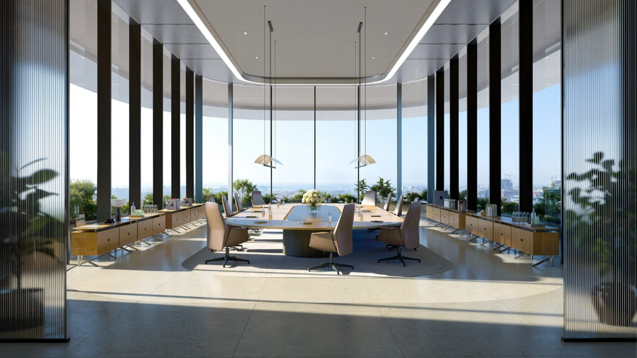 LUMENA by Omniyat office boardroom interior with central conference table floor to ceiling windows and panoramic Dubai skyline view - Presented by Tohid Fetrat