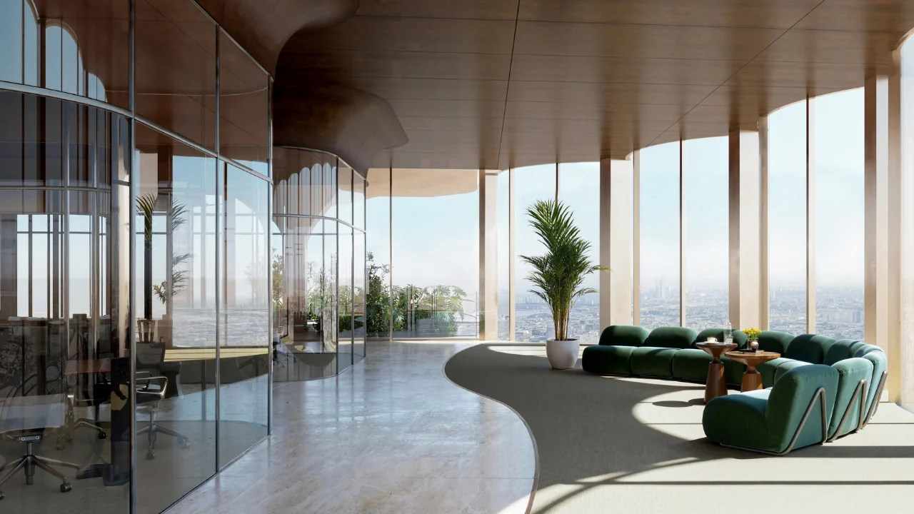 LUMENA by Omniyat office lounge interior with curved layout green seating and floor to ceiling windows overlooking Dubai skyline - Presented by Tohid Fetrat