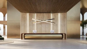 LUMENA by Omniyat office reception lobby interior with minimalist desk warm lighting and textured wall design - Presented by Tohid Fetrat