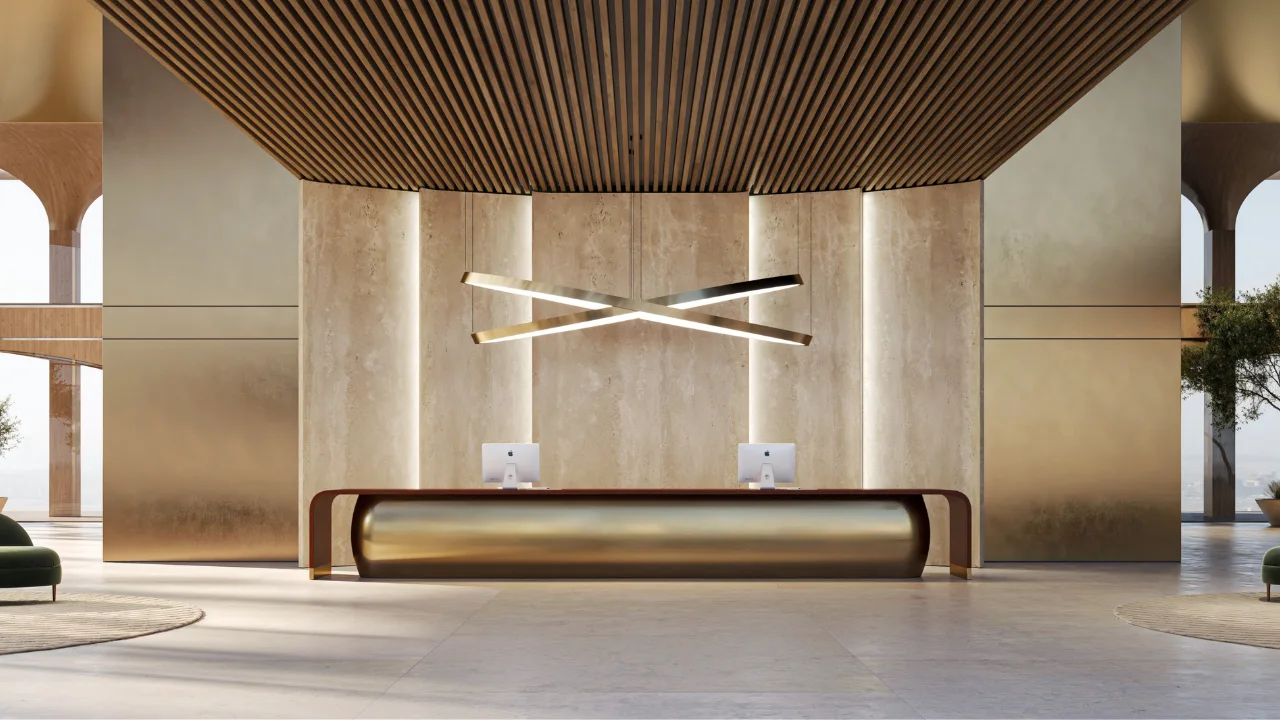 LUMENA by Omniyat office reception lobby interior with minimalist desk warm lighting and textured wall design - Presented by Tohid Fetrat