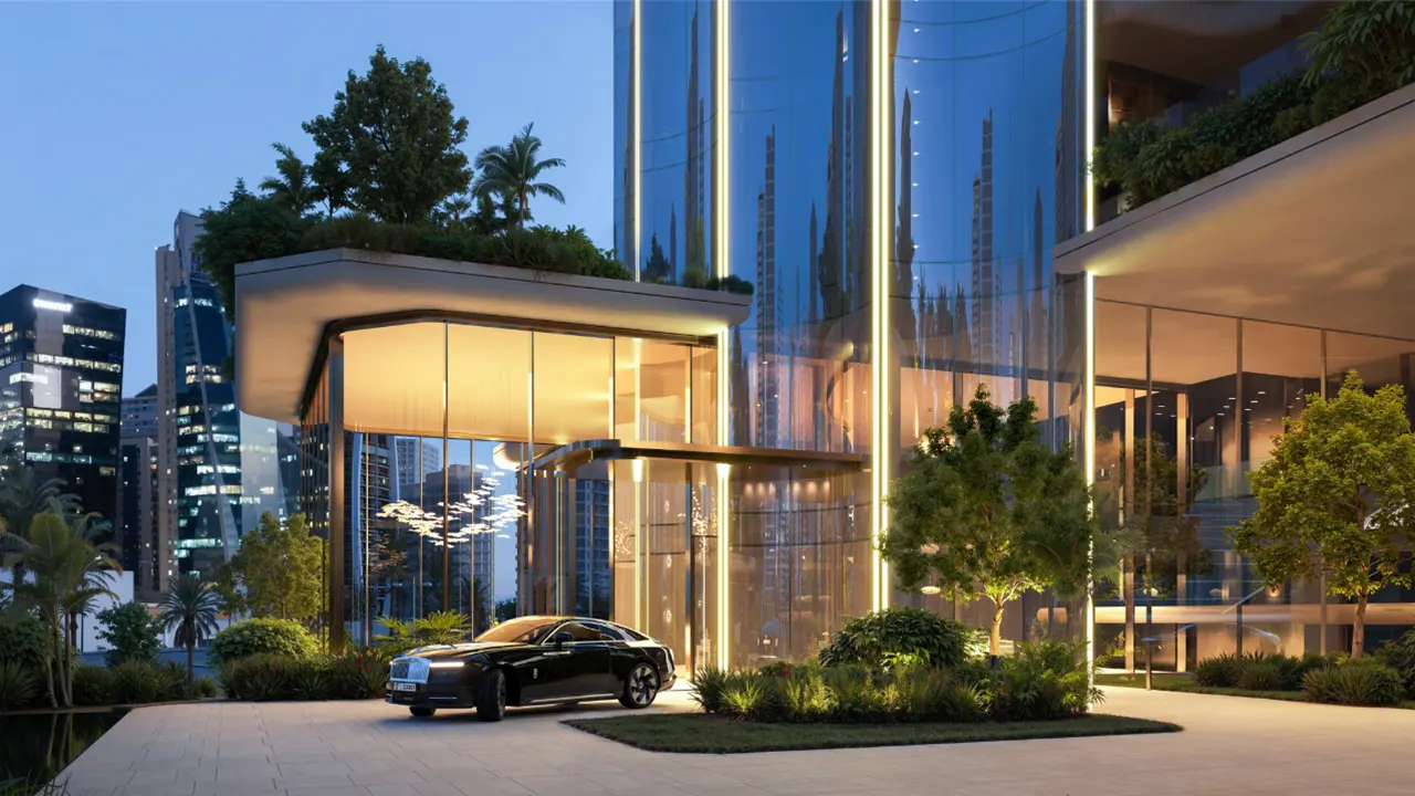 LUMENA by Omniyat office tower entrance with illuminated glass lobby landscaped surroundings and luxury car at drop off area in Dubai - Presented by Tohid Fetrat