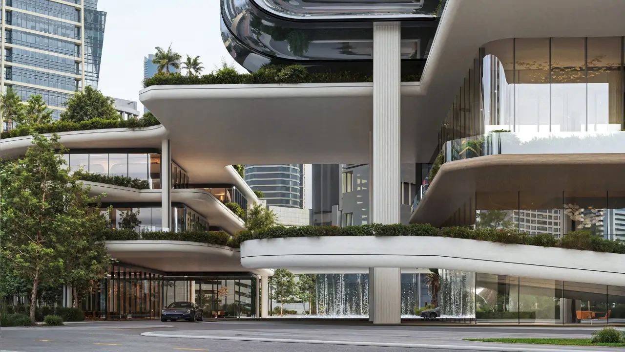 LUMENA by Omniyat office tower podium terraces with layered greenery curved architecture and glass facades in Dubai - Presented by Tohid Fetrat