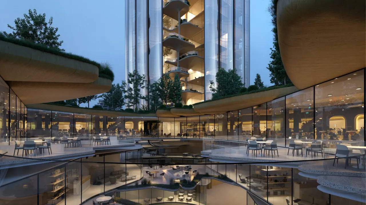 LUMENA by Omniyat office tower retail courtyard with multi level terraces glass facades and dining seating areas in Dubai - Presented by Tohid Fetrat