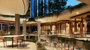 LUMENA by Omniyat office tower retail dining terrace with outdoor seating greenery and multi level glass interiors in Dubai - Presented by Tohid Fetrat