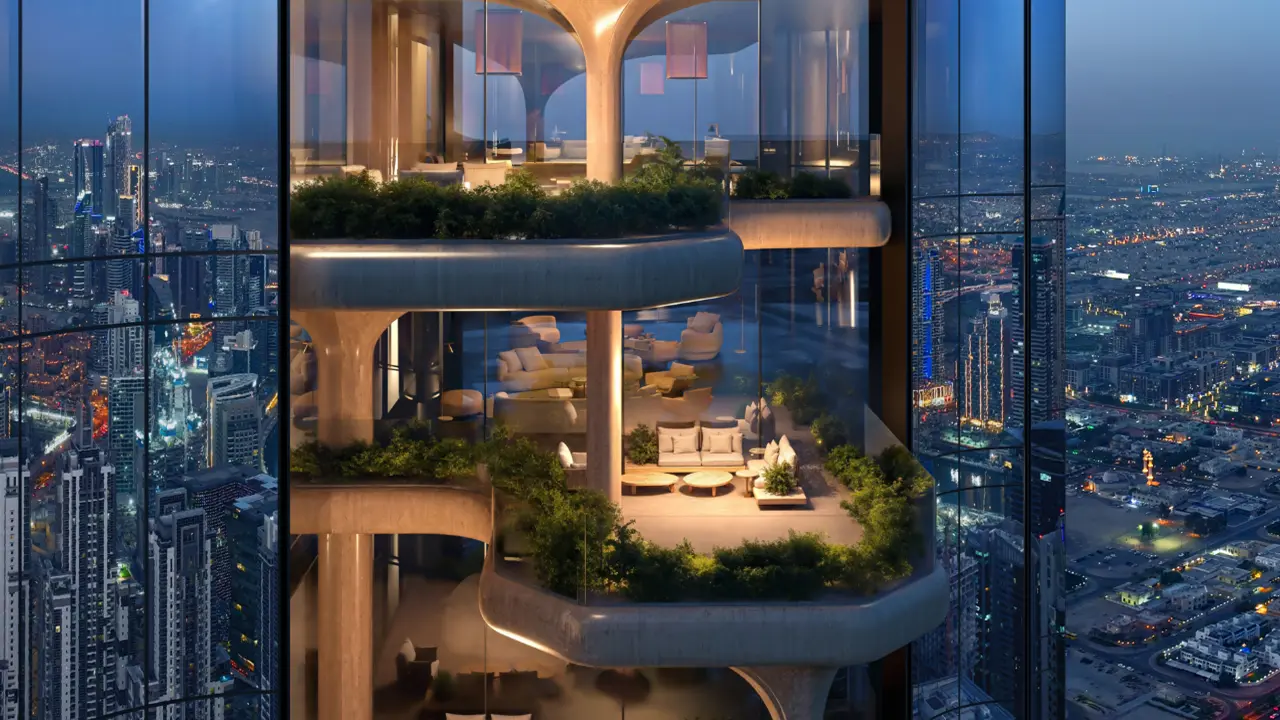 LUMENA by Omniyat office tower sky lounge interior with layered terraces seating greenery and panoramic Dubai city view at night - Presented by Tohid Fetrat