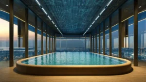 LUMENA by Omniyat office tower sky pool interior with curved edge design floor to ceiling glass and panoramic Dubai water and city view - Presented by Tohid Fetrat