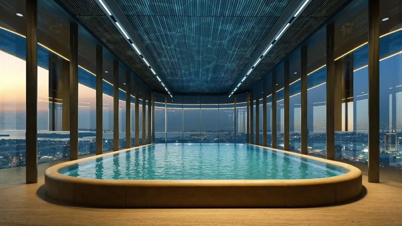 LUMENA by Omniyat office tower sky pool interior with curved edge design floor to ceiling glass and panoramic Dubai water and city view - Presented by Tohid Fetrat