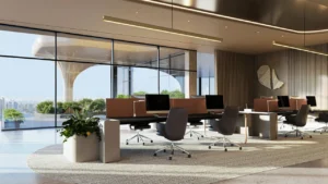 LUMENA by Omniyat office workspace interior with modern desks ergonomic chairs and floor to ceiling windows with city view - Presented by Tohid Fetrat