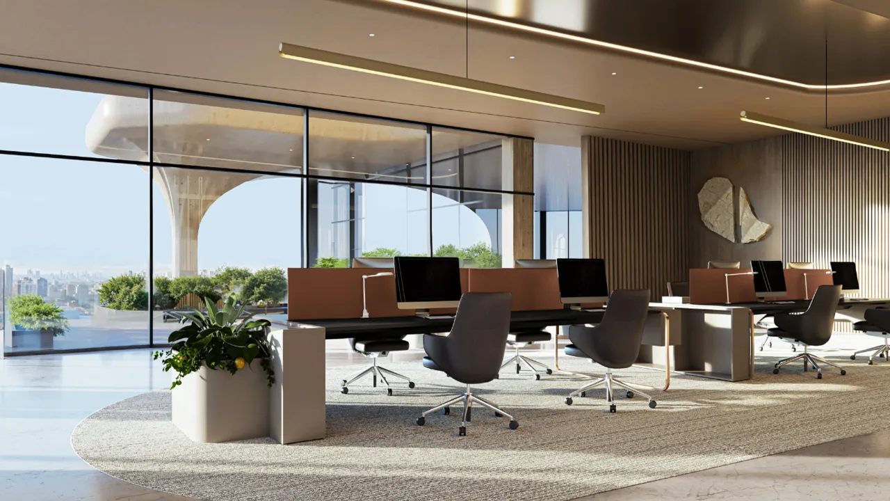 LUMENA by Omniyat office workspace interior with modern desks ergonomic chairs and floor to ceiling windows with city view - Presented by Tohid Fetrat