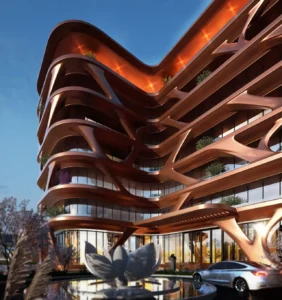 Magnolia Apartments Hotel at Dubai Internet City by Palladium Development close view of sculptural facade curved balconies and entrance with water feature in Dubai - Presented by Tohid Fetrat