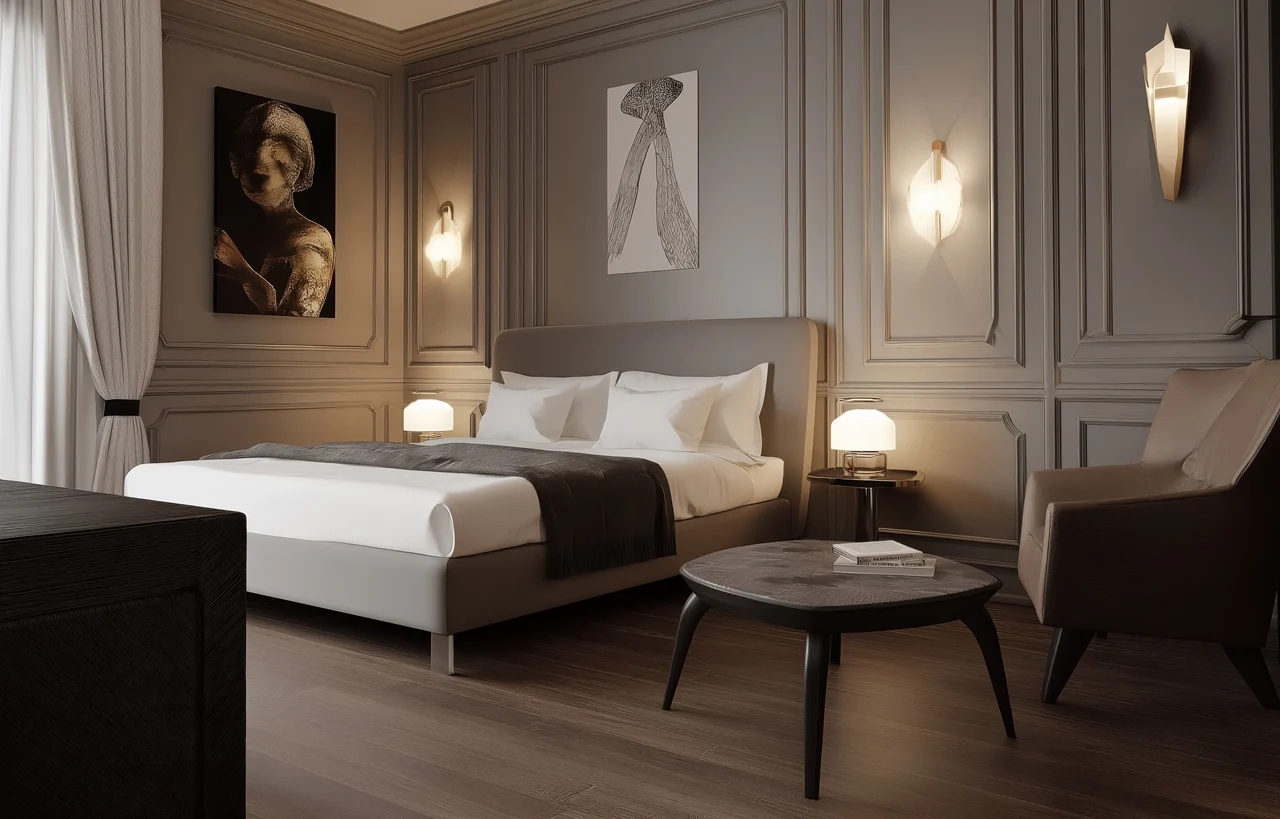 Magnolia Apartments Hotel at Dubai Internet City by Palladium Development stylish bedroom interior with upholstered bed warm lighting elegant wall panels and seating area in Dubai - Presented by Tohid Fetrat