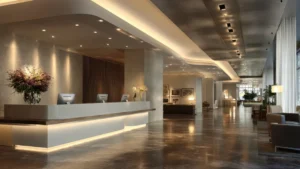 Magnolia Apartments Hotel at Dubai Internet City by Palladium Development elegant lobby reception with warm lighting modern finishes and spacious seating area in Dubai - Presented by Tohid Fetrat