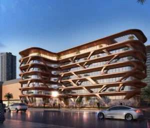 Magnolia Apartments Hotel at Dubai Internet City by Palladium Development sculptural exterior with flowing organic architecture and glass facades in Dubai - Presented by Tohid Fetrat