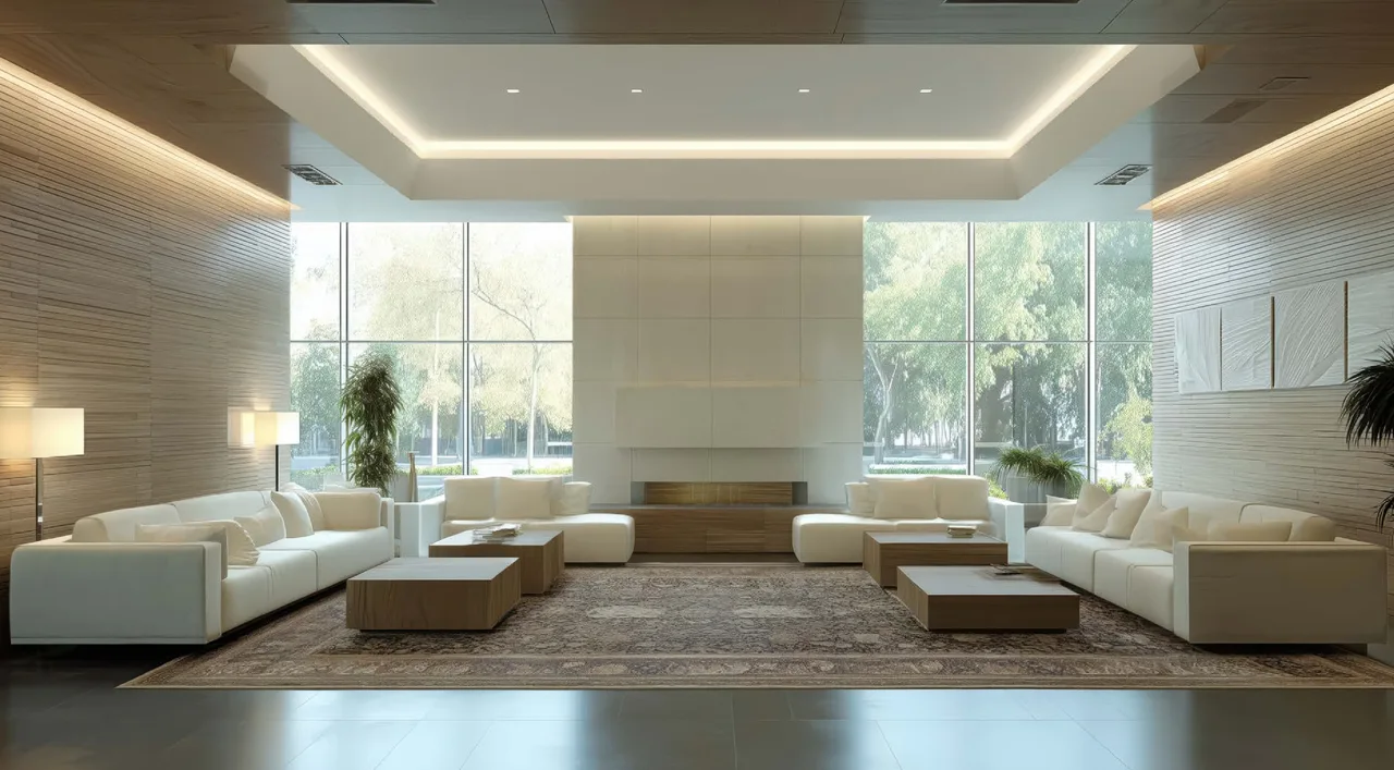 Magnolia Apartments Hotel at Dubai Internet City by Palladium Development spacious lounge area with modern sofas large windows natural light and minimalist design in Dubai - Presented by Tohid Fetrat