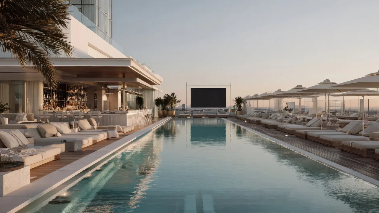 Magnolia Apartments Hotel at Dubai Internet City by Palladium Development rooftop pool with lounge seating sun umbrellas poolside bar and city views in Dubai - Presented by Tohid Fetrat